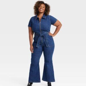 NWT AVA & VIV PLUS SIZE 18 SHORT SLEEVE DENIM FLARE JUMPSUIT